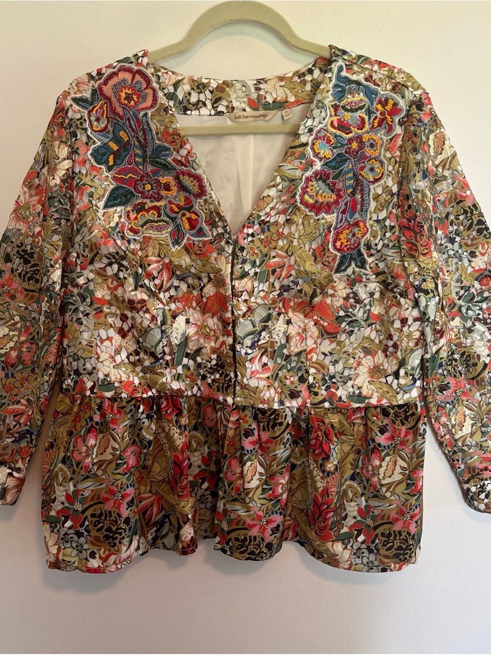 Vintage Soft Surroundings Multicolor Embroidered Floral Peplum Jacket
